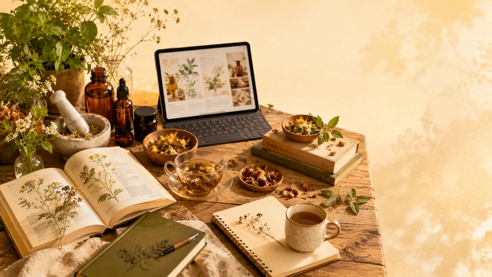 Botanical books, notebook, herbal tea, apothecary bottles and tablet in a warm learning workspace
