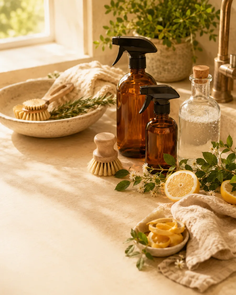 Sunlit naturally clean home scene with amber spray bottles, linen, wooden brushes, citrus and fresh herbs
