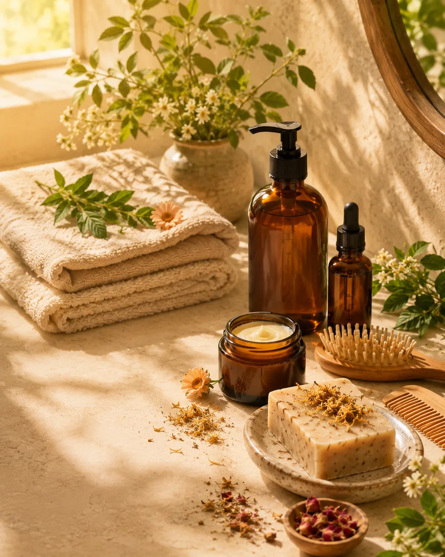 Sunlit natural daily-care ritual with botanical soap, amber bottles, cream, linen and a wooden brush