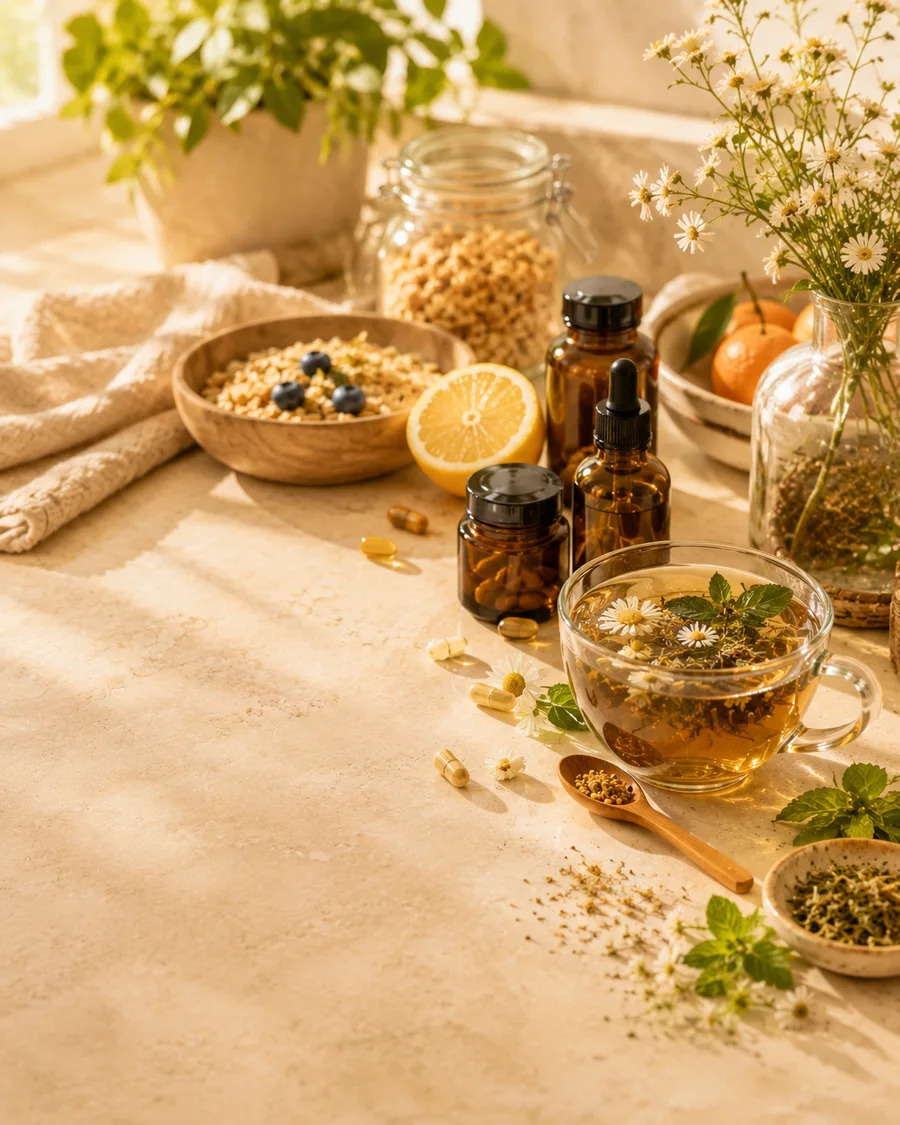 Sunlit nourishment ritual with herbal tea, whole-food ingredients, botanicals and amber supplement bottles