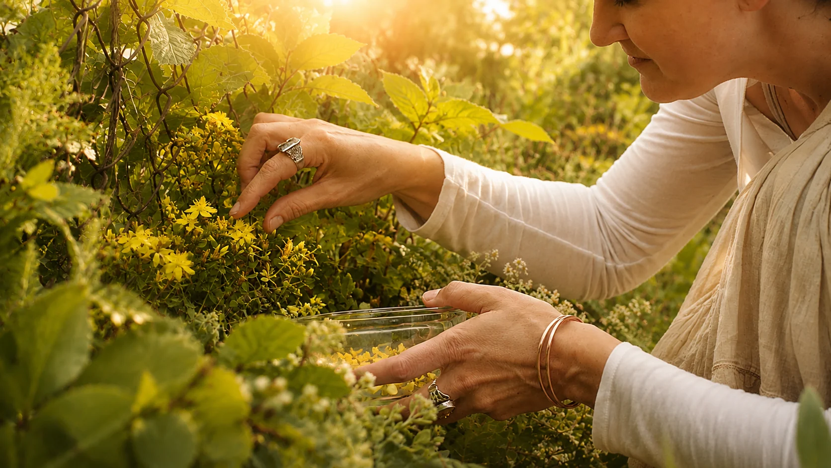 Amandha gathering herbs in a sunlit garden